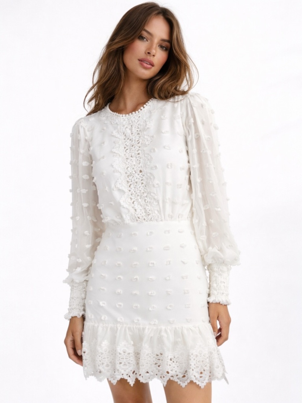 Just Me Swiss Dot Lace Mini Dress White Long Sleeve Romantic Cottagecore Size S